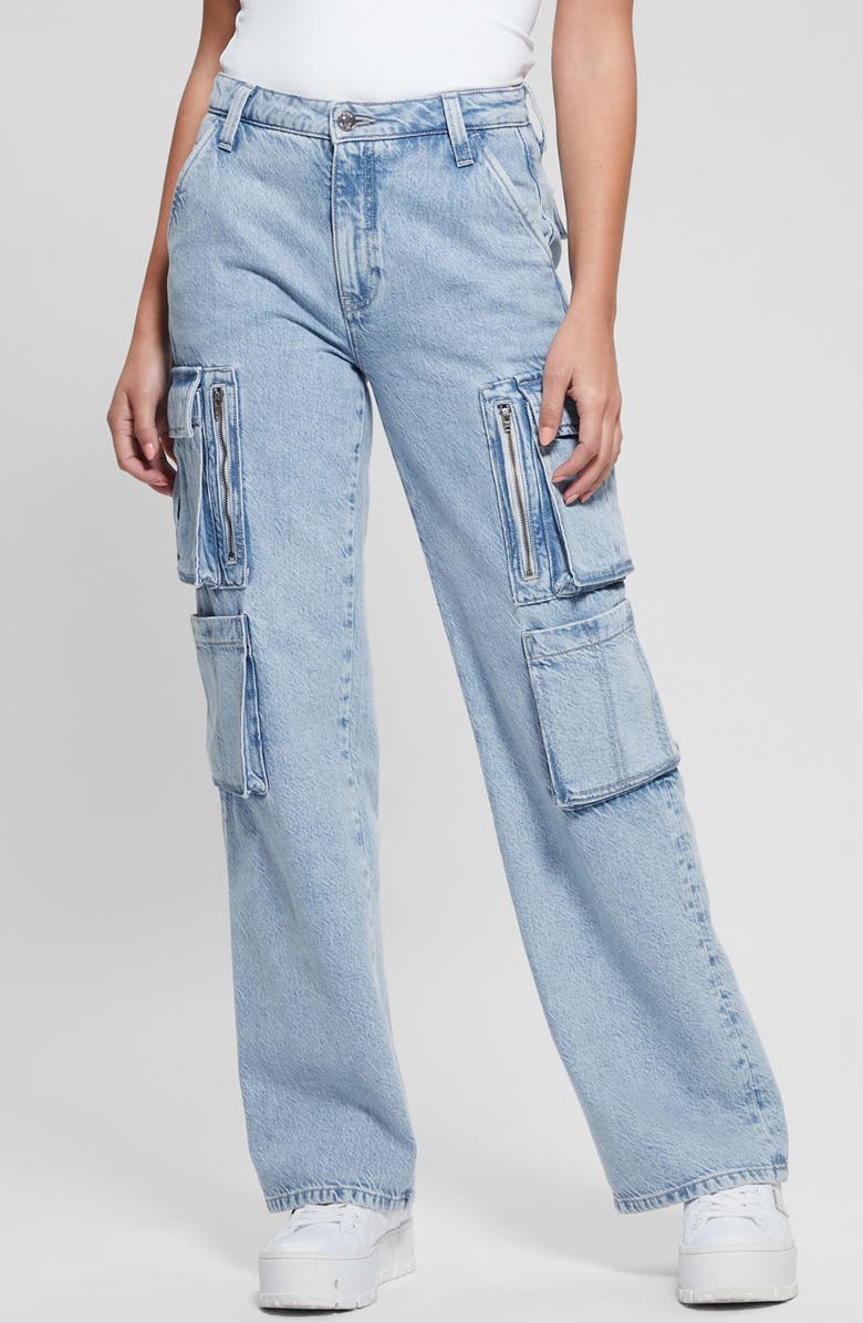 GUESS Kori High Waist Nonstretch Denim Cargo Jeans, Main, color, 