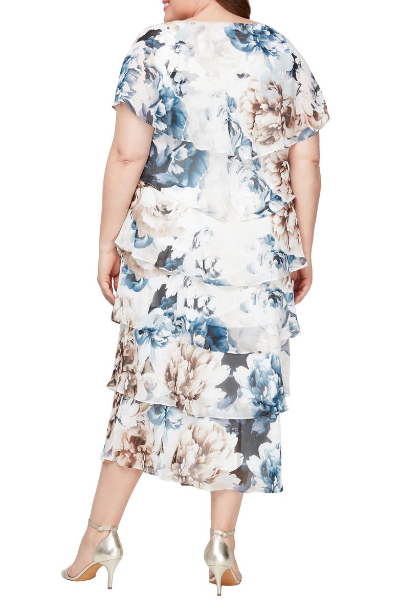SL FASHIONS Floral Tiered Midi Cocktail Dress, Alternate, color, Ivory Multi