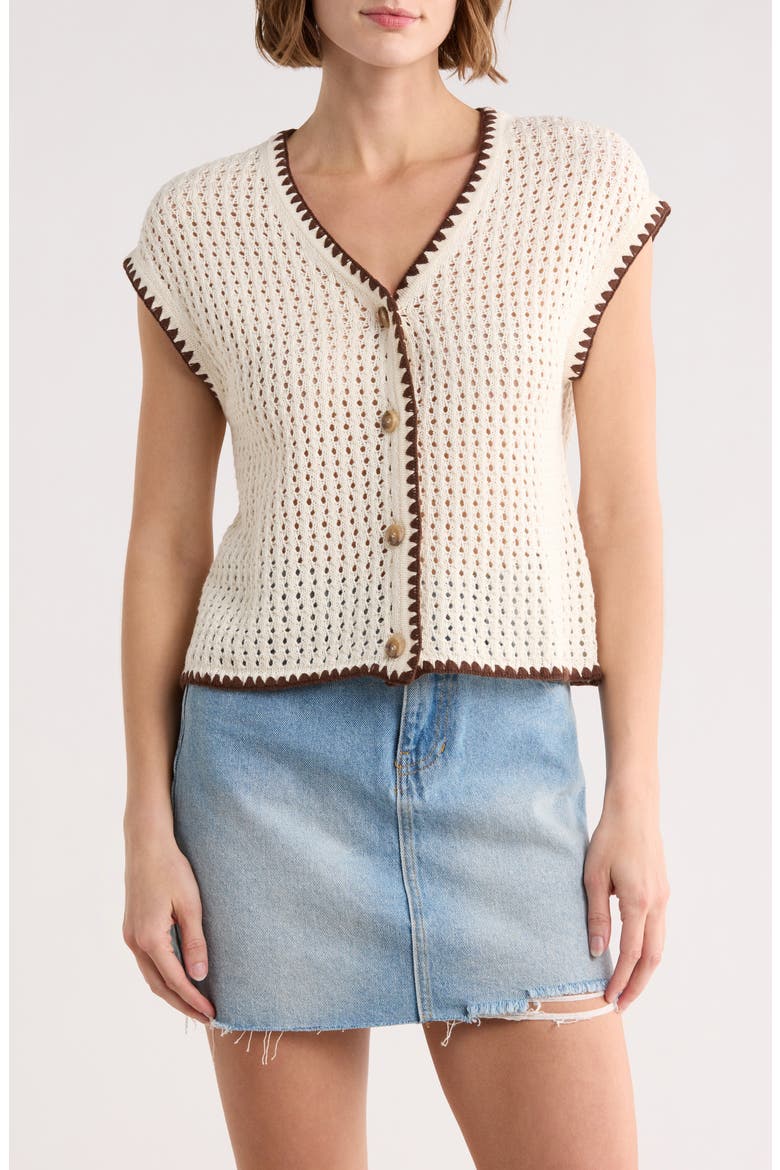 Contrast Trim Button Front Knit Top, Main, color, CREAM