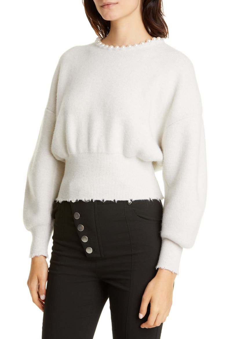 Imitation Pearl Trim Wool & Cashmere Blend Sweater, Alternate, color, IVORY