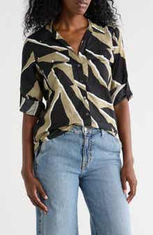 Abstract Print Roll Sleeve Button-Up Shirt