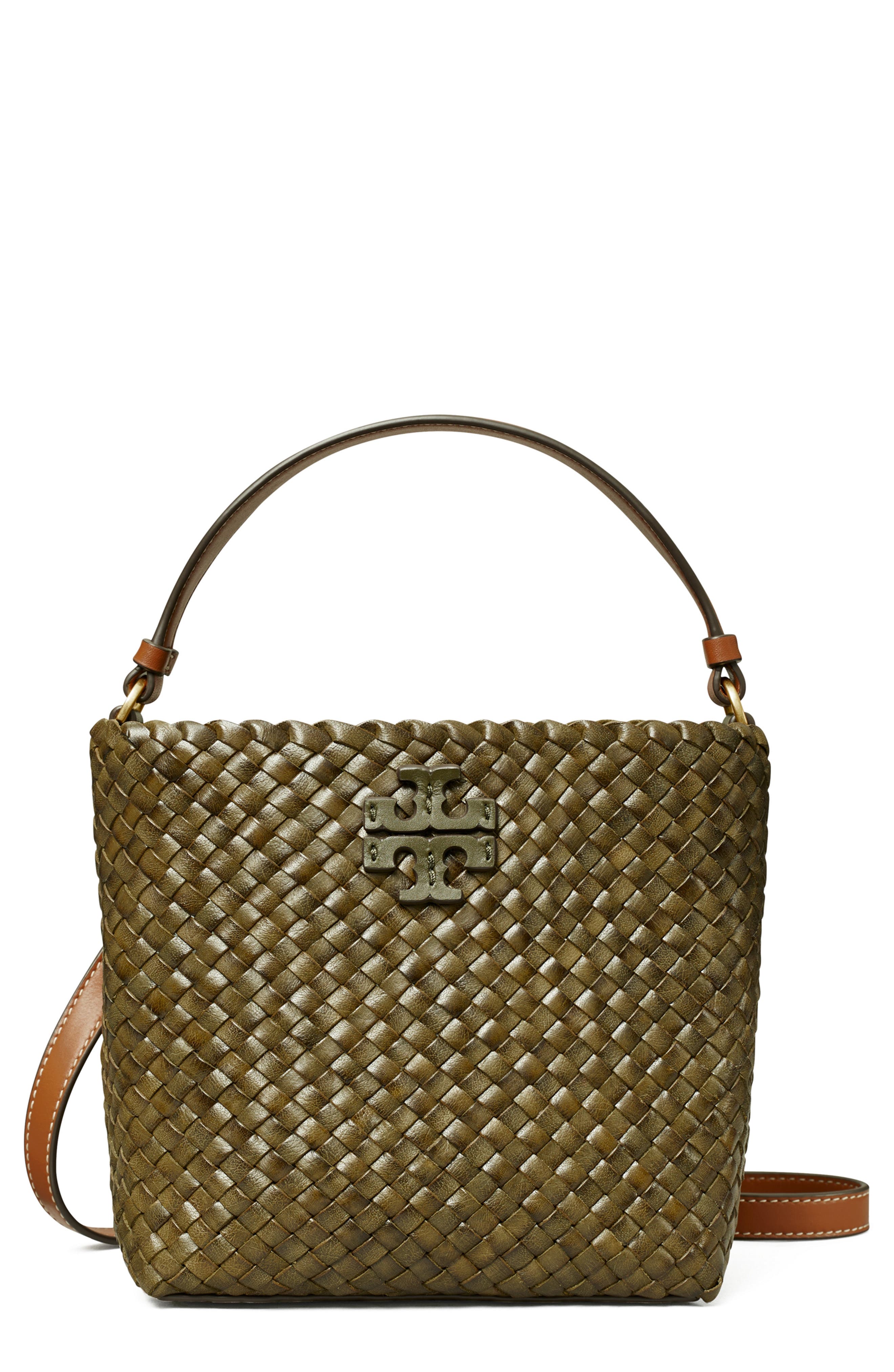 Tory Burch McGraw Dragon Woven Leather Bucket Bag, Main, color, 
