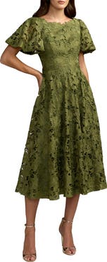 Mac Duggal Floral Lace Flutter Sleeve Midi Dress