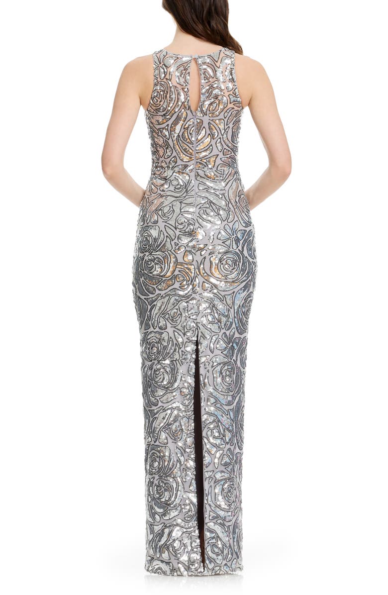 Dress the Population Laney Sequin Illusion Neck Column Gown, Alternate, color, Silver Multi