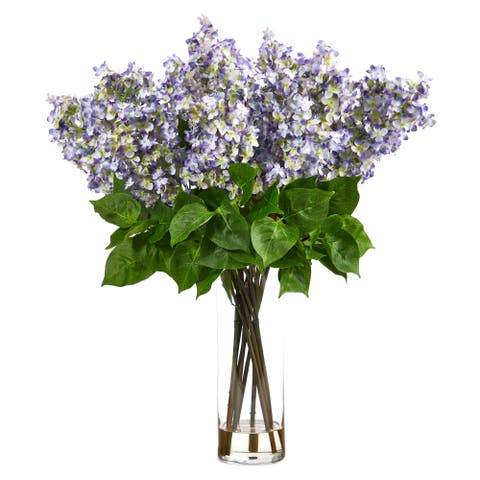 24-in Artificial Lilac Arrangement with Cylinder Glass Vase