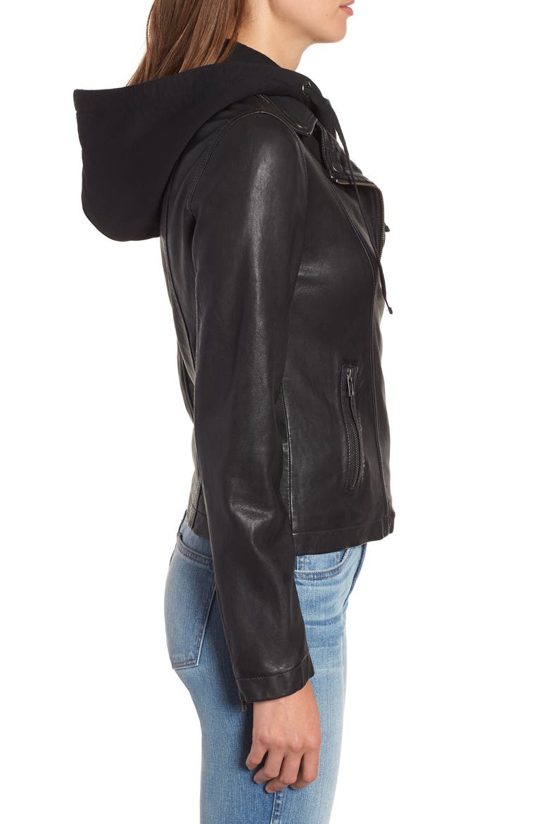 Leather Moto Jacket with Removable Hood, Alternate, color, BLACK