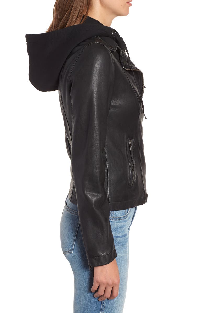 Caslon<sup>®</sup> Leather Moto Jacket with Removable Hood, Alternate, color, 