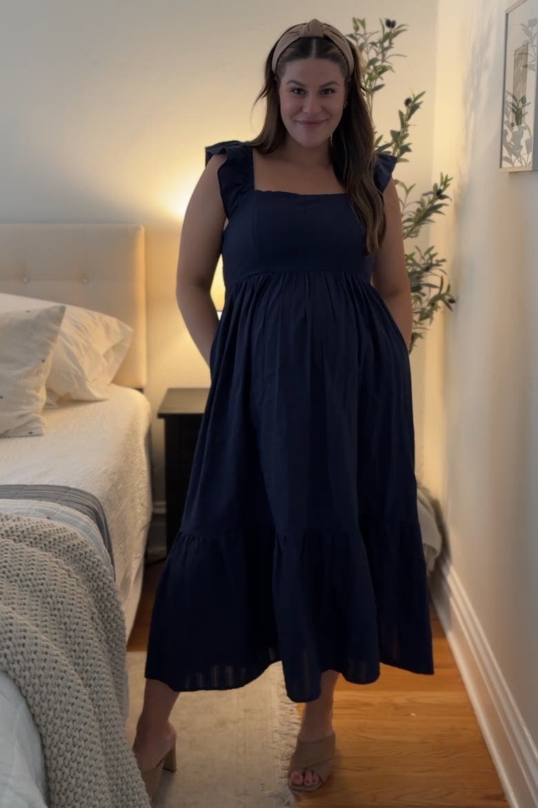 Textured Cotton Ruffle Strap Midi Dress, Alternate, color, Navy Blue