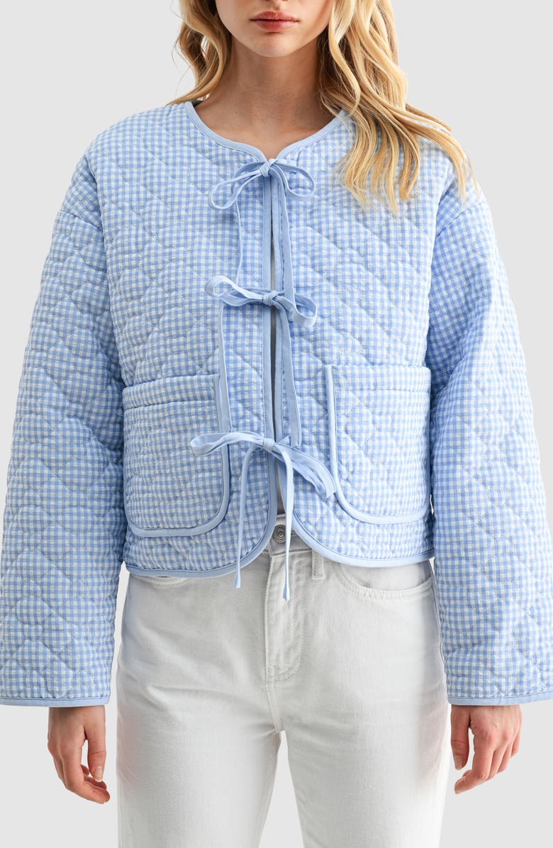 All in Favor Gingham Tie Front Quilted Jacket, Main, color, Light Blue Gingham