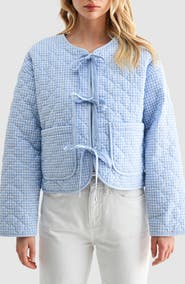 All in Favor Gingham Tie Front Quilted Jacket