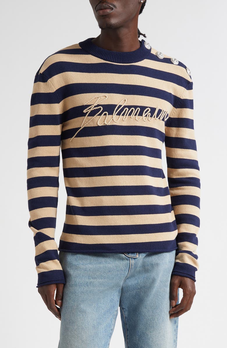 Balmain Embroidered Logo Cotton Sweater, Main, color, Soe Navy/ Camel