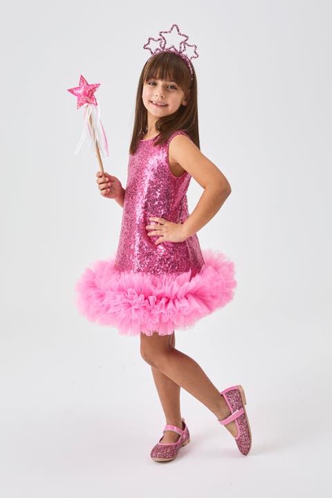 Evie Girls’ Sequin Dress With Tulle Hem & Pink Star Crown Set