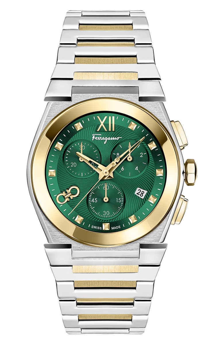FERRAGAMO Vega Chronograph Bracelet Watch, 42mm, Main, color, Green/ Two Tone