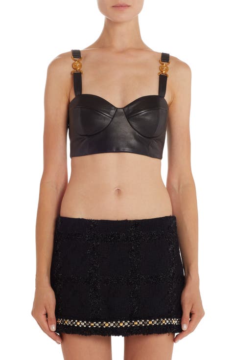 Medusa Strap Detail Lambskin Leather Bra Top