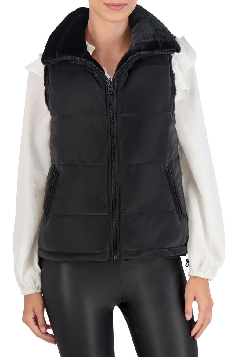 Water Resistant Reversible Faux Fur Puffer Vest, Main, color, BLACK