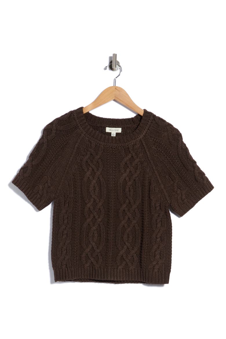 Cable Knit Short Sleeve Sweater, Alternate, color, DARK BROWN