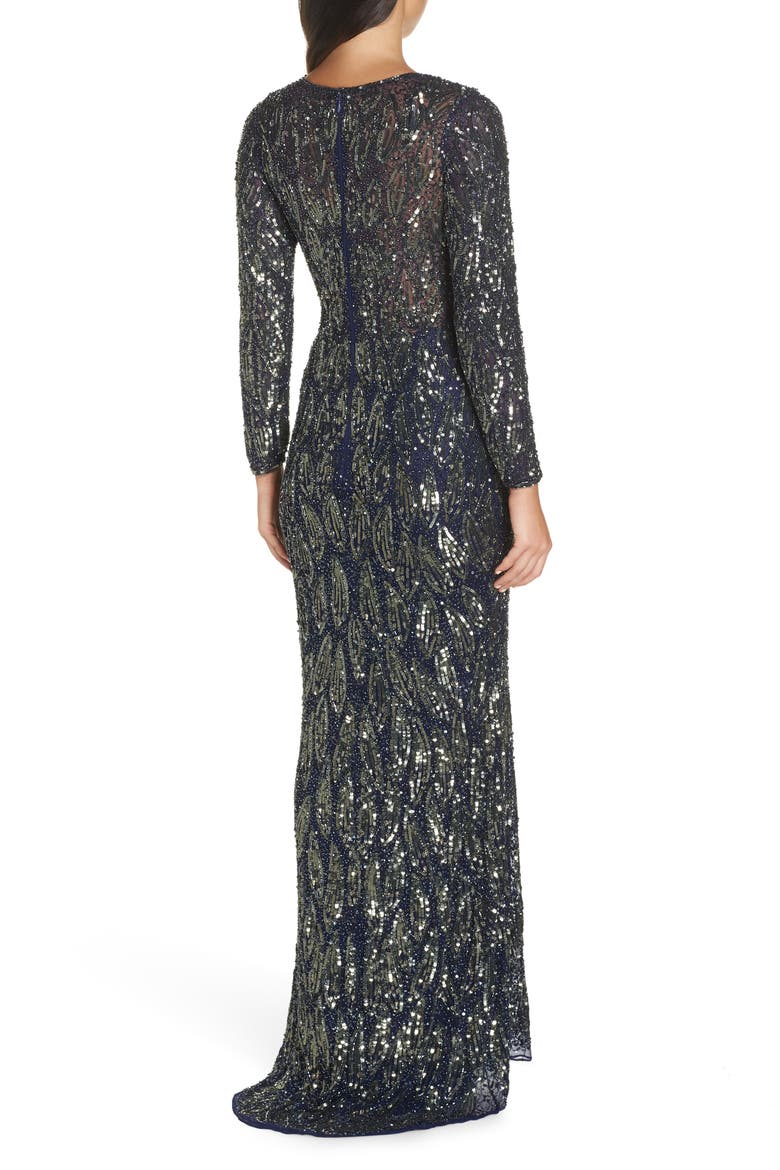 Beaded Long Sleeve Gown, Alternate, color, MIDNIGHT