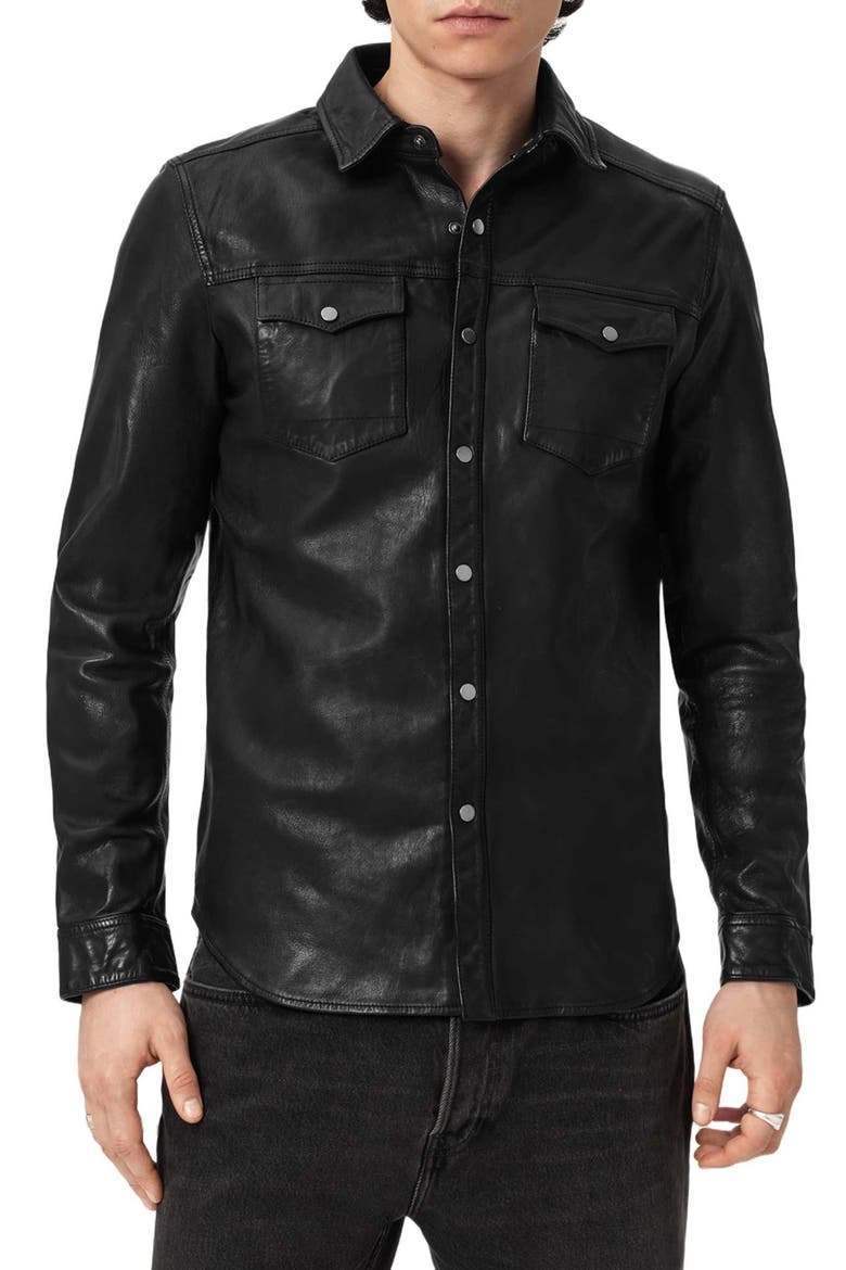 Irwin Leather Snap-Up Shirt, Main, color, BLACK