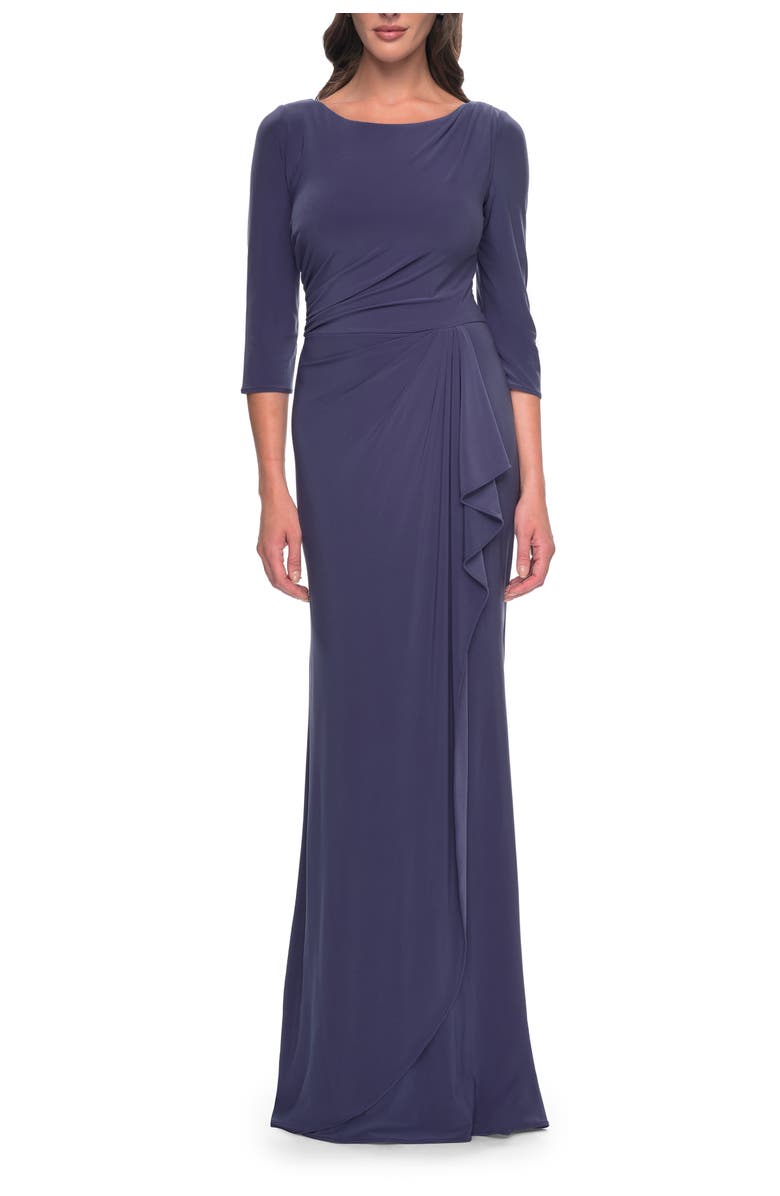 La Femme Chic Jersey Evening Dress with Ruching and Ruffle Skirt Detail, Main, color, Smoky Blue