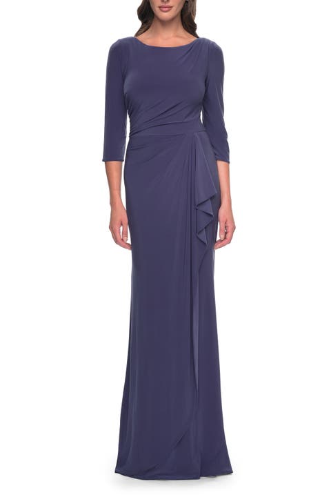 Chic Jersey Evening Dress with Ruching and Ruffle Skirt Detail