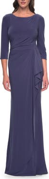 La Femme Chic Jersey Evening Dress with Ruching and Ruffle Skirt Detail