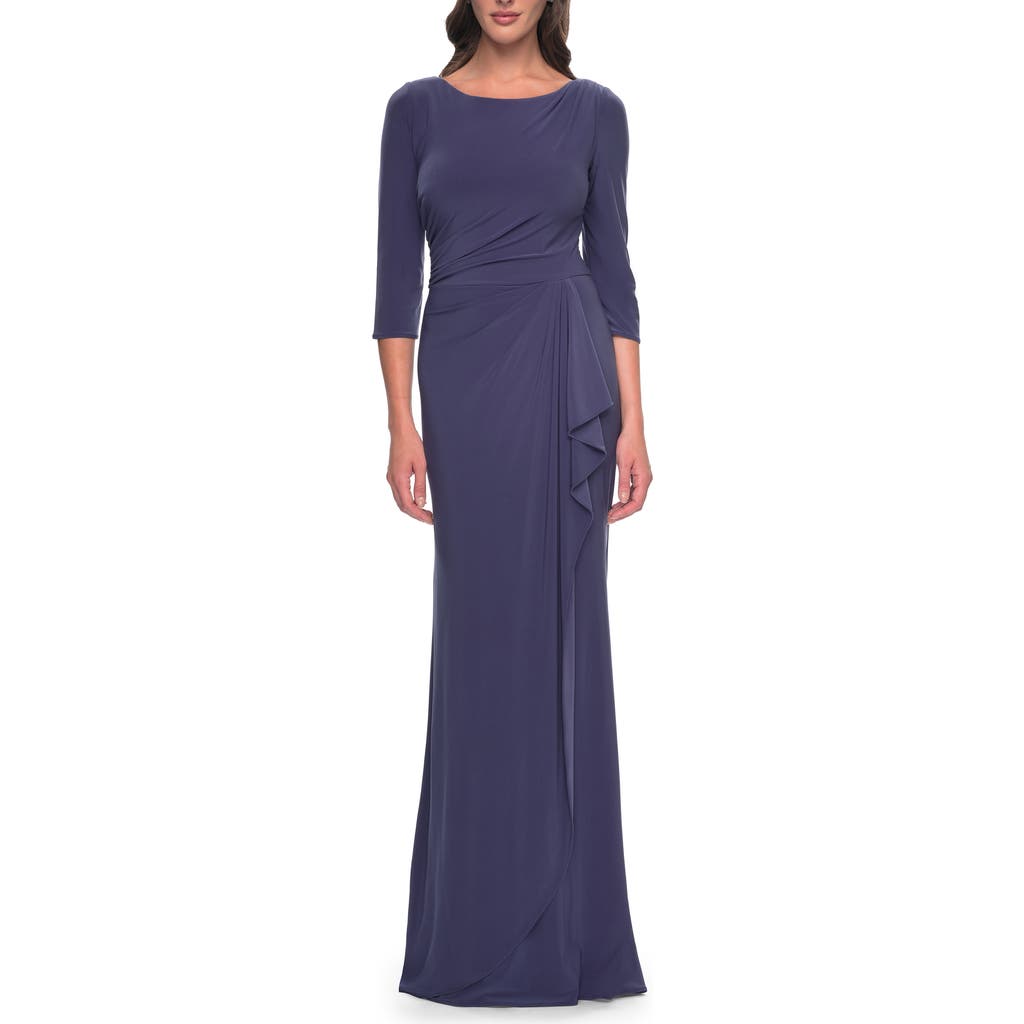 La Femme Chic Jersey Evening Dress With Ruching And Ruffle Skirt Detail In Smoky Blue