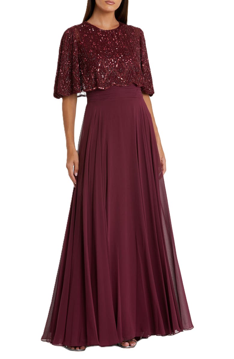 Mac Duggal Sleeveless Caped Beaded Overlay A-Line Gown, Main, color, Aubergine
