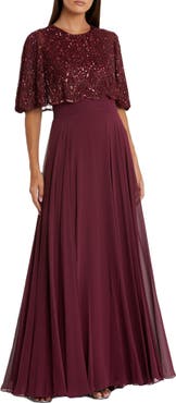 Mac Duggal Sleeveless Caped Beaded Overlay A-Line Gown