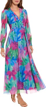 London Times Long Sleeve Mesh Maxi Dress