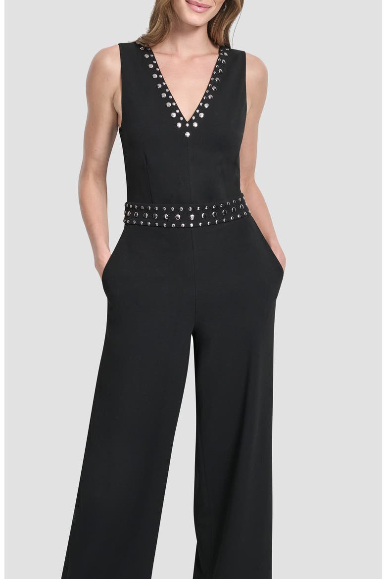 Stud Detail Scuba Crepe Jumpsuit, Alternate, color, BLACK
