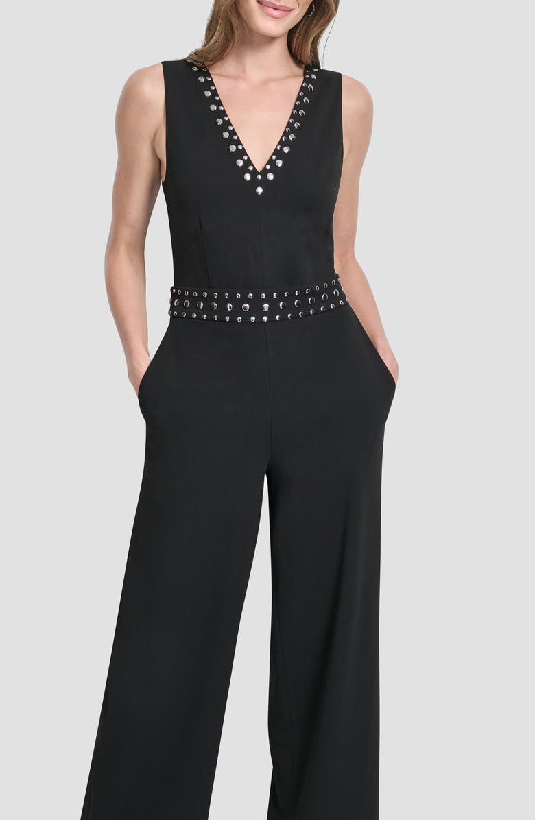 DKNY Stud Detail Scuba Crepe Jumpsuit, Alternate, color, Black
