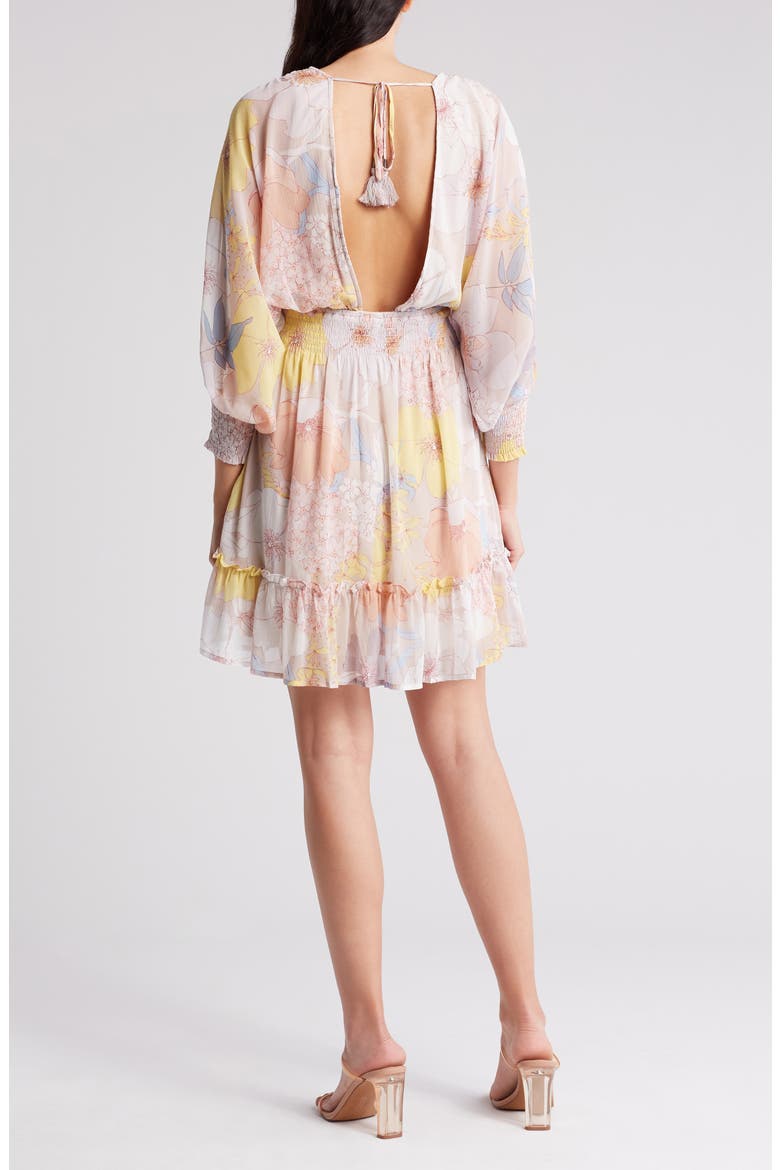 Open Back Long Sleeve Dress, Alternate, color, NATURAL/ BLUE