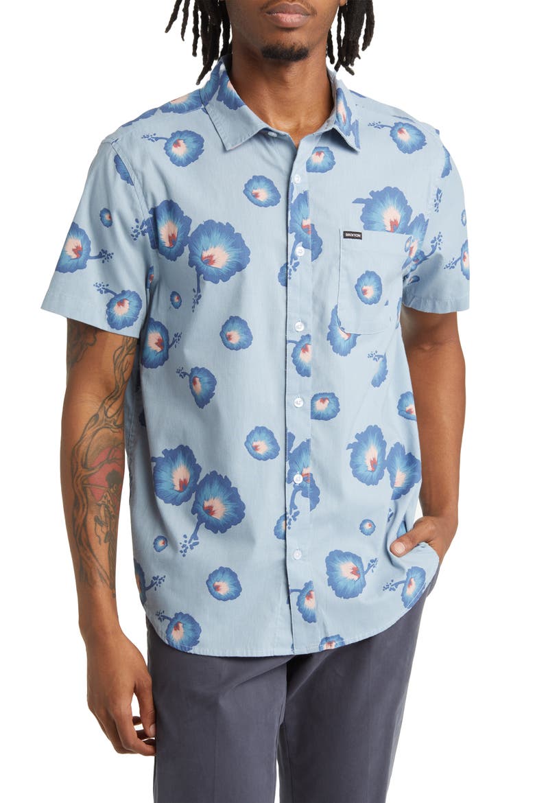 Charter Regular Fit Tropical Short Sleeve Button-Up Shirt, Main, color, DUSTY BLUE/PACIFIC BLUE/CORAL