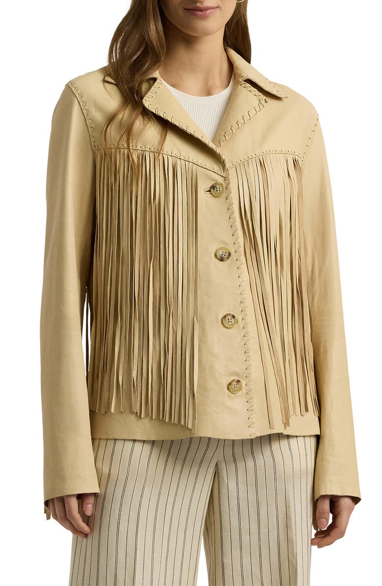 Lauren Ralph Lauren Fringe Trim Lambskin Leather Shirt Jacket, Main, color, 