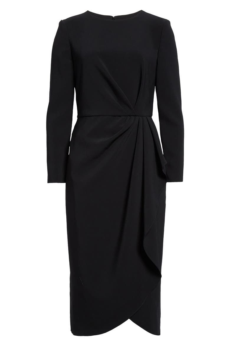 Pleated Long Sleeve Tulip Midi Dress, Alternate, color, BLACK