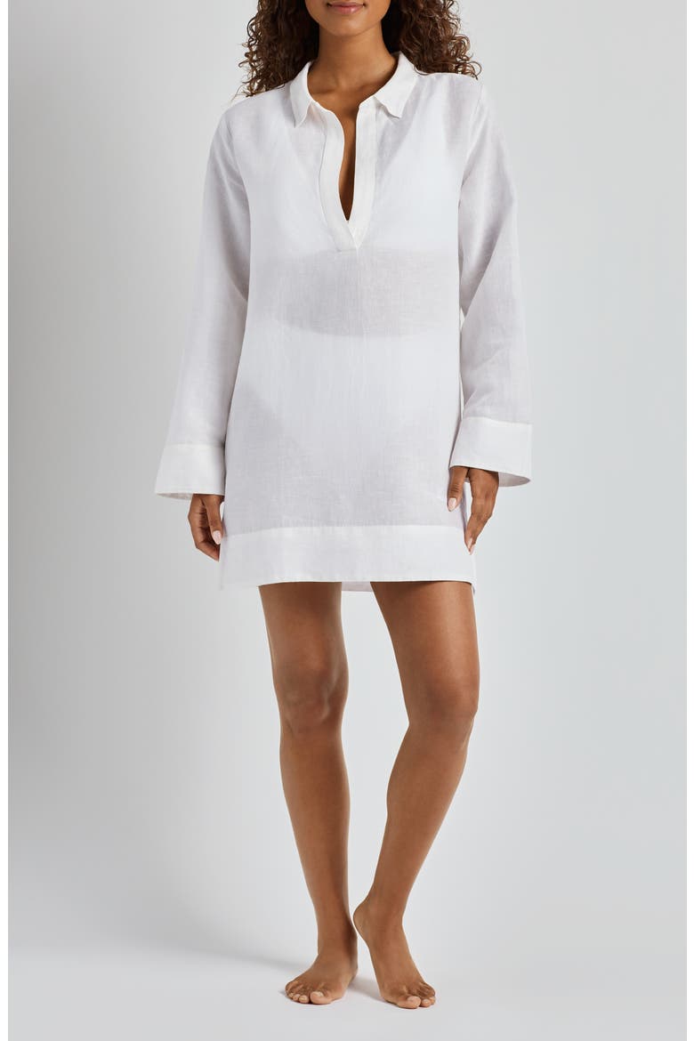 Wide Cuff Long Sleeve Linen & Cotton Cover-Up Dress, Main, color, WHITE