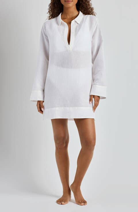 Wide Cuff Long Sleeve Linen 
Cotton Cover-Up Dress