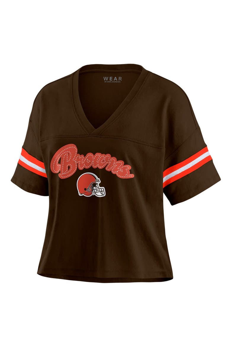 Women's WEAR by Erin Andrews Brown Cleveland Browns Color Block Boxy Modest Crop V-Neck T-Shirt, Alternate, color, Brown