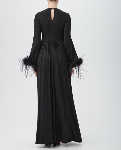 Trina Turk Orla Ruched Feather-trim Gown In Black