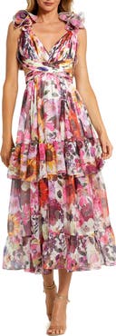Mac Duggal Ruffle Tiered Cut-Out Floral Chiffon Dress