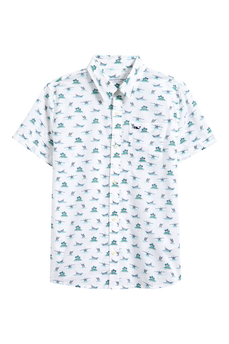 Kids' Island Print Short Sleeve Cotton Button-Up Shirt, Main, color, WHITE CAP