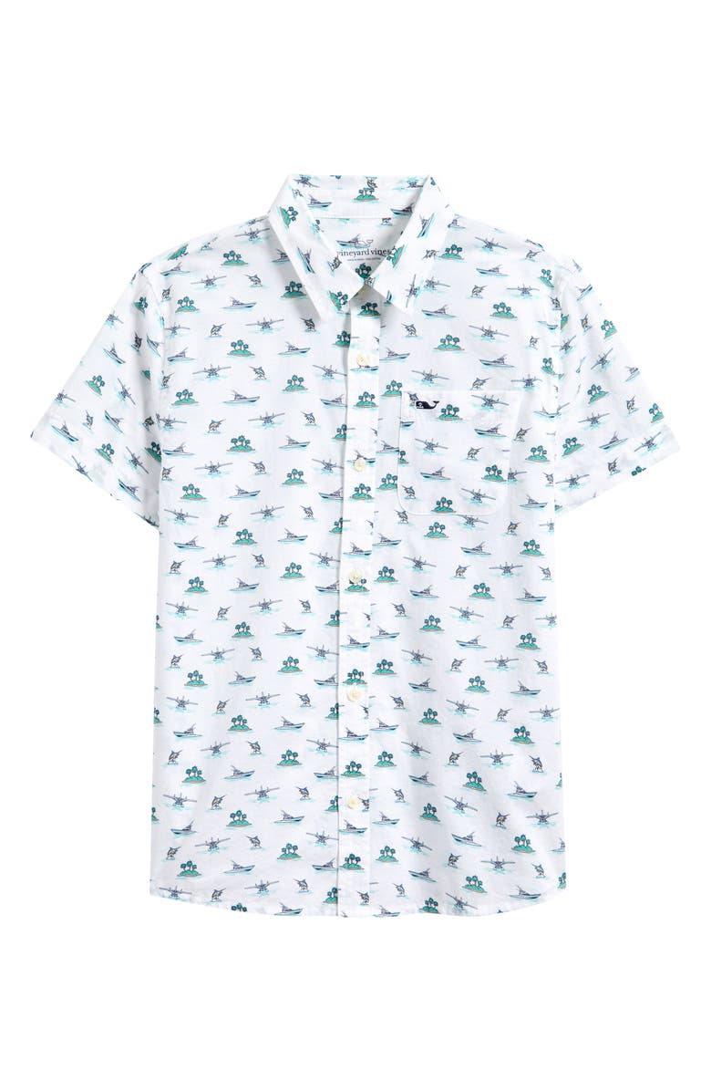 vineyard vines Kids' Island Print Short Sleeve Cotton Button-Up Shirt, Main, color,