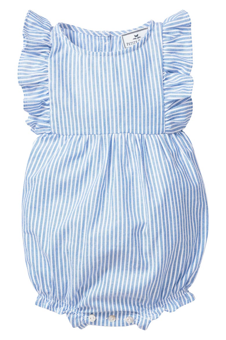 French Blue Seersucker Ruffled Romper, Main, color, BLUE