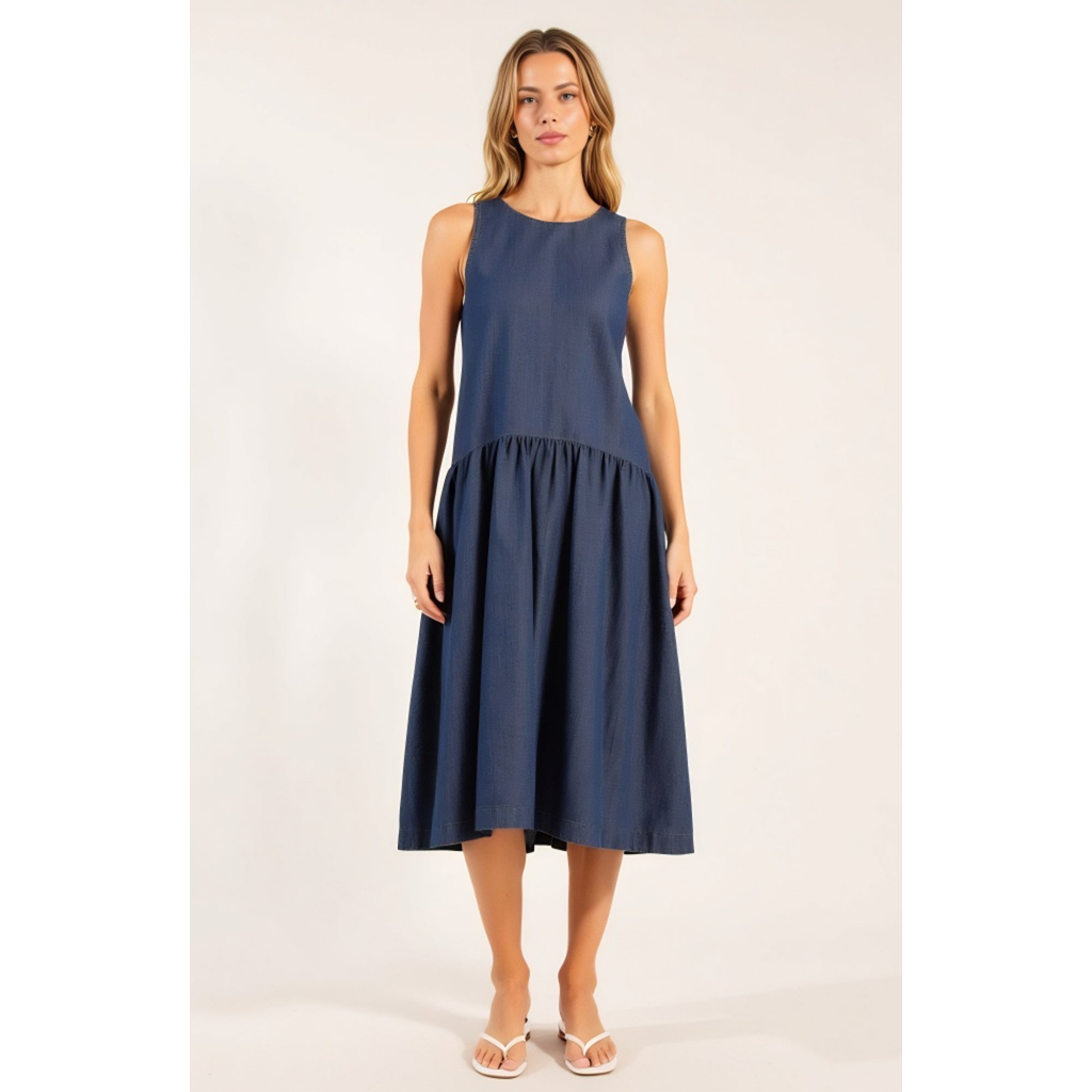 Modenaire Sleeveless Drop-waist Gathered Relaxed-fit Midi Dress In Blue