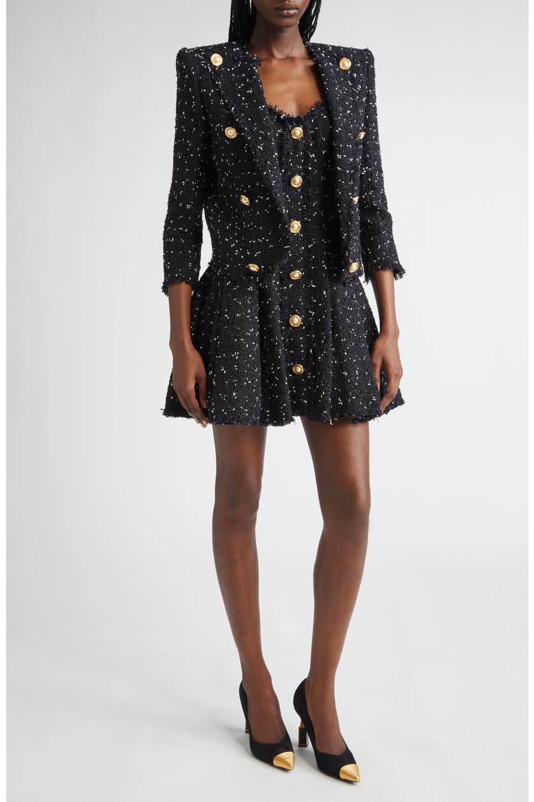 Chain Strap Polka Dot Tweed Fit & Flare Dress, Alternate, color, BLK/ WHITE