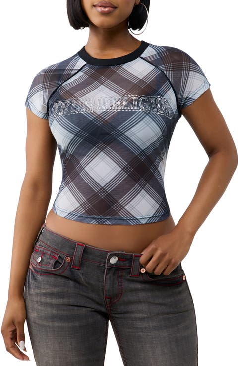 Plaid Crystal Raglan Mesh Top