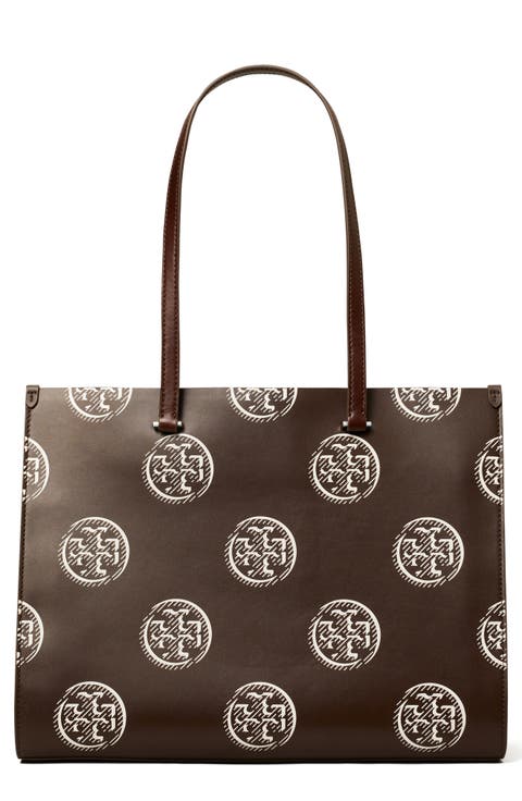 T Monogram Contrast Leather Tote