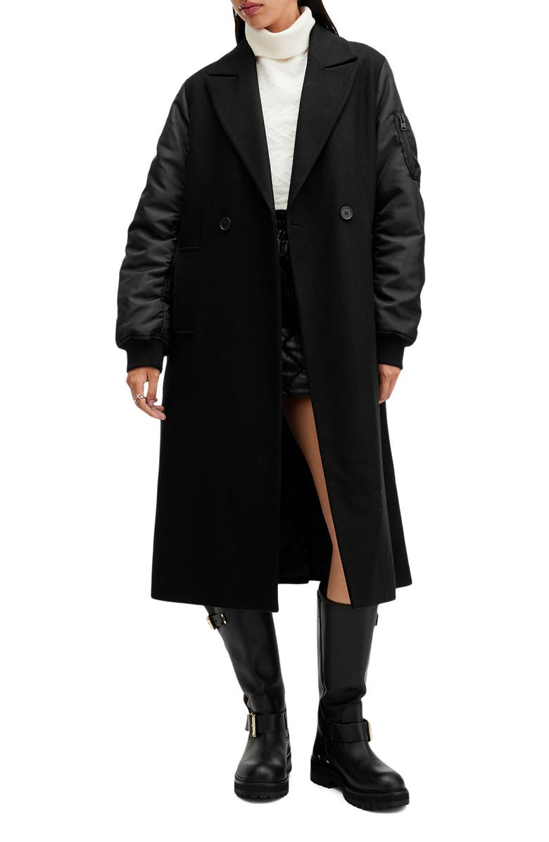 AllSaints Paulah Mixed Media Wool Blend Coat, Alternate, color, Black