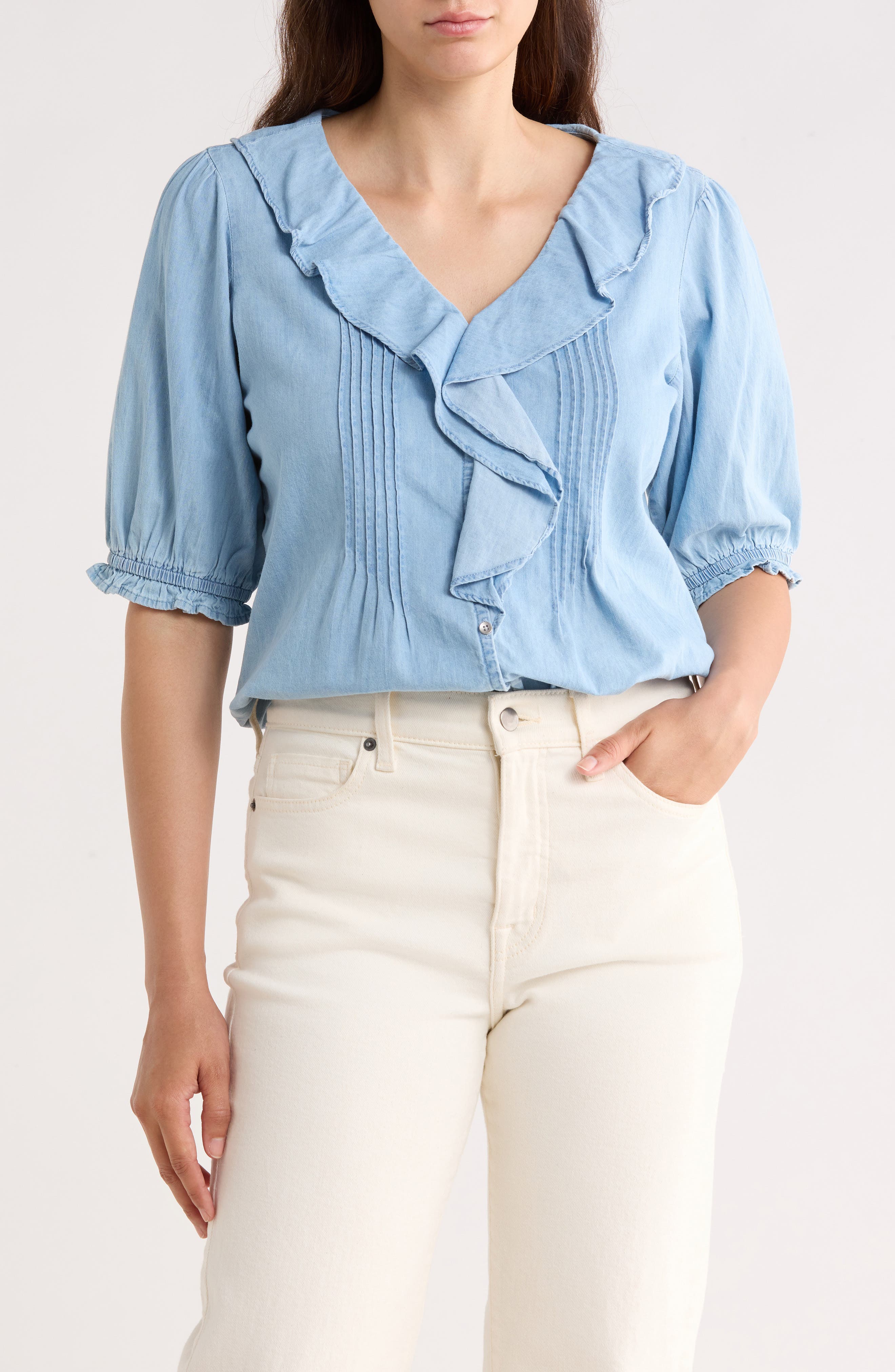 Trove New York Ruffle Puff Sleeve Denim Button-Up Top