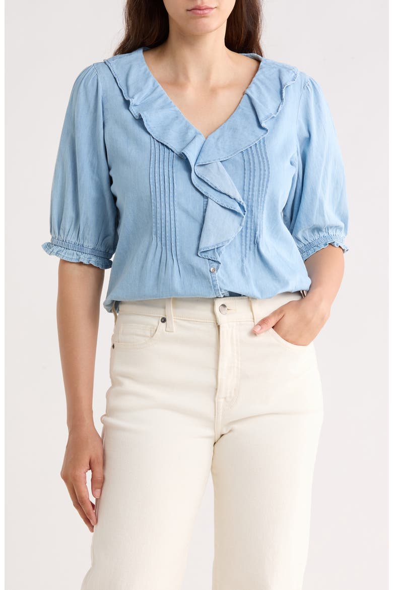 Ruffle Puff Sleeve Denim Button-Up Top, Main, color, LIGHT WASH